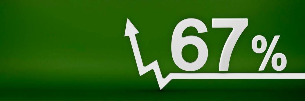 67 percent. The arrow on the graph points up. Rising prices, inflation, increase in income, increase in interest rates, taxes. 3d banner,sixty seven percent sign discount on a green background