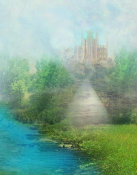 Fantasy meadow with a fairytale tower