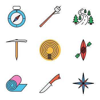 Camping flat icon set for web and mobile applications. Set includes - compass, marshmallov, road, ice axe, rope, canoe, penknife, mat, wind rose. It can be used as - logo, pictogram, icon, infographic element.