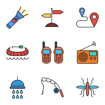 Camping flat icon set for web and mobile applications. Set includes - singpost, map pin, music radio, fishing rod, flashlight, canoe, portable radio, shower, mosquito. It can be used as - logo, pictogram, icon, infographic element.