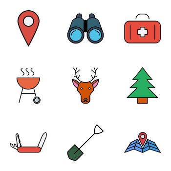 Camping flat icon set for web and mobile applications. Set includes - map pin, BBQ, deer, first aid, map, binoculars, conifer, knife, shovel. It can be used as - logo, pictogram, icon, infographic element.