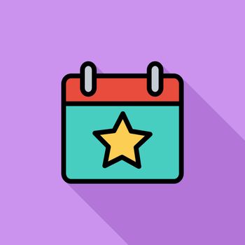Calendar with star icon. Flat related icon with long shadow for web and mobile applications. It can be used as - logo, pictogram, icon, infographic element. Illustration.