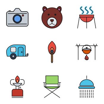 Camping flat icon set for web and mobile applications. Set includes - bear, camera, BBQ, trailer, match, pot, camping stove, chair, shower. It can be used as - logo, pictogram, icon, infographic element.