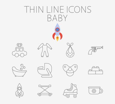 Baby thin line icon set for web and mobile applications. Set includes - car, bib, blocks, potty, roller skate, gun, bath, car seat, nipple, rocket, baby walker. Pictogram, infographic element.