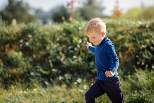 Little boy running down a meadow in a beautiful landscape in summer, very light and happy scene.