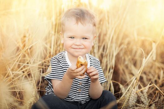 Portrait of little boy eating bread while sitting at wheat fields among golden spikes in summer day. Country life, calmness and summer relaxation, peace, environmental care and agriculture concept