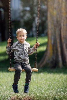 A sad, dreaming little boy swings in a city park under a big tree. Vertical photo.