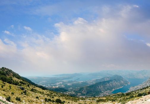 Beautiful nature mountains landscape. Kotor bay, Montenegro. Views of the Boka Bay, with the cities of Kotor and Tivat with the top of the mountain, Montenegro.