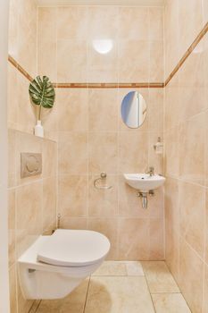 Bathroom interior finished with marble tiles with a toilet and sink in a modern house