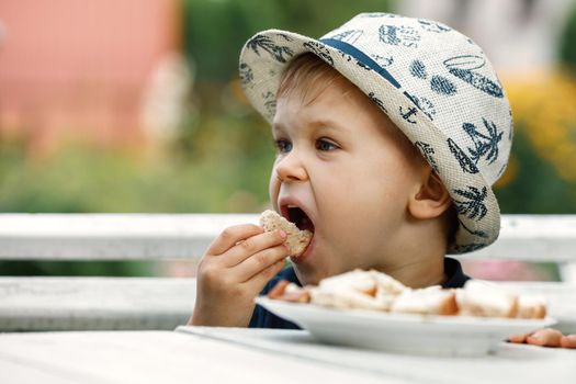 Close-up portrait of cute little child eating bread in green garden, outdoors. Summer lifestyle. Homegrown organic food. A healthy children nutrition.