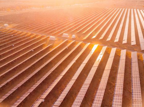 Aerial top view of a solar panels power plant. Photovoltaic solar panels at sunrise and sunset in countryside from above. Modern technology, climate care, earth saving, renewable energy concept