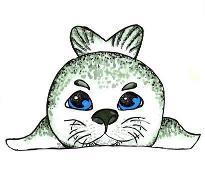 Small gray seal Belek baby seal on a white background. Cartoon hero. Drawn by hand with alcohol markers