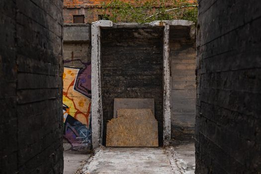 Outdoor view to square and old construction on old boiler building