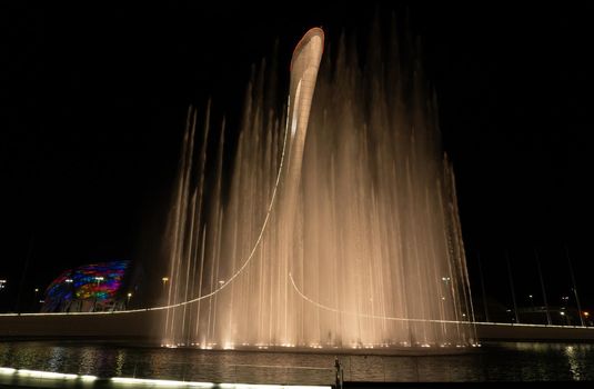 SOCHI, RUSSIA - JUNE, 05, 2021: The Waters of the Sochi Park, Water night show accompanied by classical music.