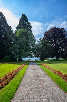 Beautiful garden with an alley on a sunny day, a part of Zeil Castle near Leutkirch, Germany