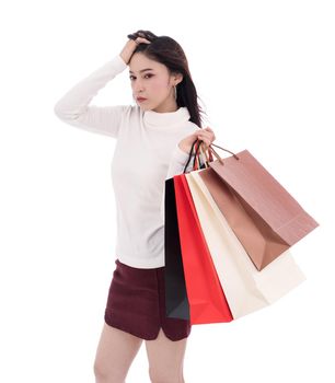 stressed woman holding shopping bag isolated on a white background