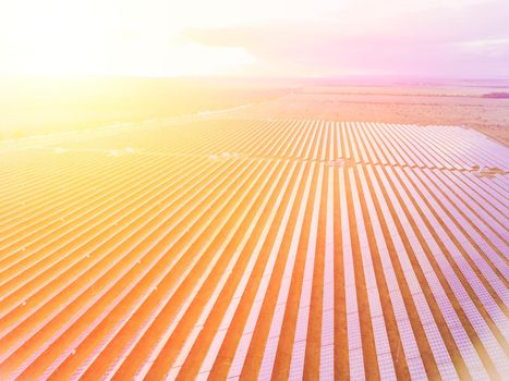 Aerial top view of a solar panels power plant. Photovoltaic solar panels at sunrise and sunset in countryside from above. Modern technology, climate care, earth saving, renewable energy concept