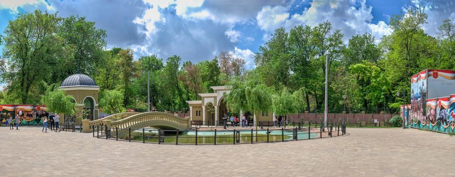 Odessa, Ukraine 14.05.2022. Entrance to the Odessa Zoo during the war in Ukraine on a sunny spring day