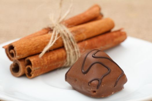 Chocolate candy on white plate with cinnamon. Selective focus on candy