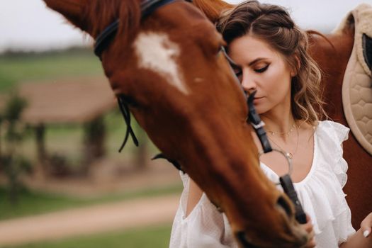 A girl in a white sundress stands next to a brown horse in a field in summer.