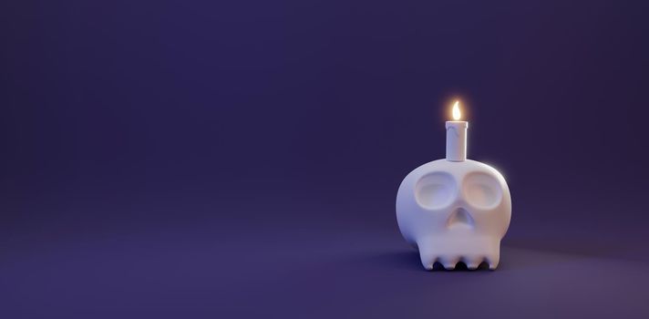 Halloween's day concept. Cute human skull with candle light on purple dark background, celebration Halloween event template minimal style, Autumn holidays, 3D rendering
