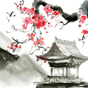 Watercolor and ink illustration of japanese pagoda and blossom sakura tree with pink flowers. Oriental traditional painting by ink and watercolor in sumi-e style.