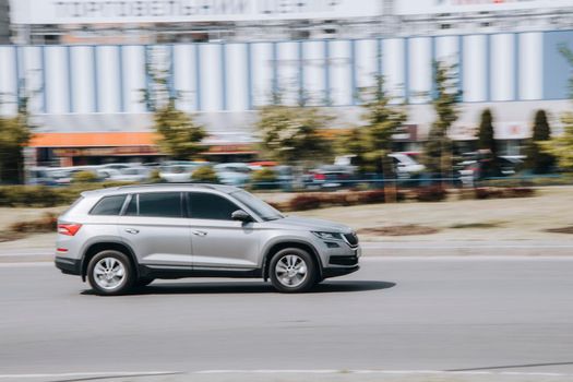 Ukraine, Kyiv - 13 May 2021: Silver Skoda Kodiaq car moving on the street. Editorial
