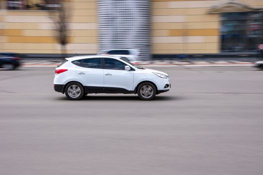 Ukraine, Kyiv - 26 April 2021: White Hyundai ix35 car moving on the street. Editorial