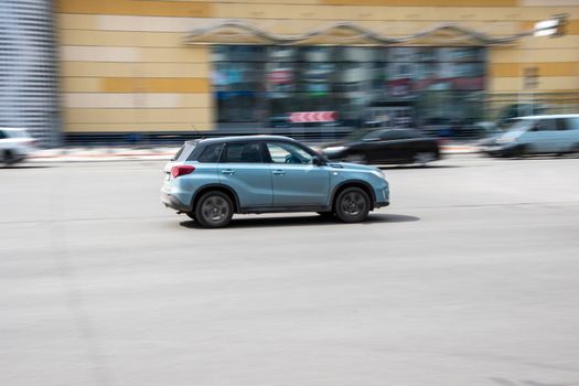 Ukraine, Kyiv - 26 April 2021: Silver Suzuki Vitara car moving on the street. Editorial