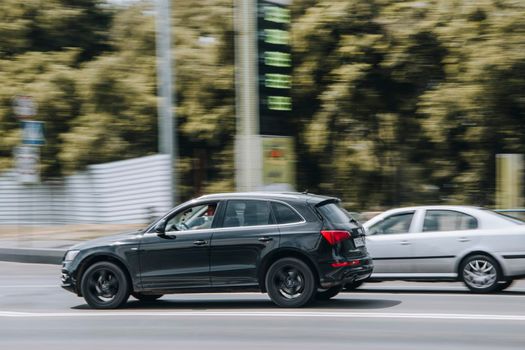 Ukraine, Kyiv - 27 June 2021: Black Audi Q5 car moving on the street. Editorial