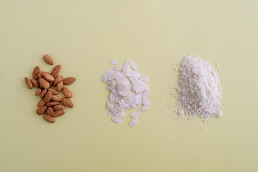 almonds, flakes and flour made from it. top view. High quality photo