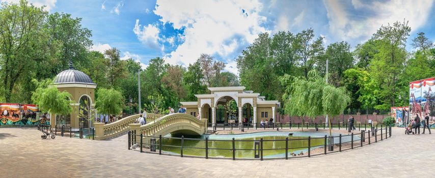 Odessa, Ukraine 14.05.2022. Entrance to the Odessa Zoo during the war in Ukraine on a sunny spring day