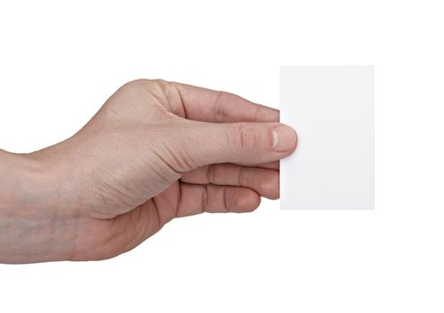 close up of a hand holding a blank sign on white background