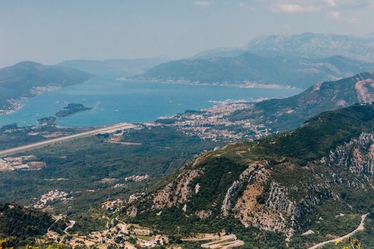 Beautiful nature mountains landscape. Kotor bay, Montenegro. Views of the Boka Bay, with the cities of Kotor and Tivat with the top of the mountain, Montenegro.