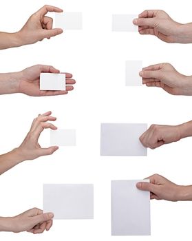 close up of a hand holding a blank sign on white background