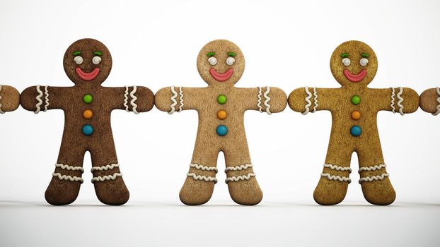 Gingerbread cookie men holding hands isolated on white. 3D illustration.