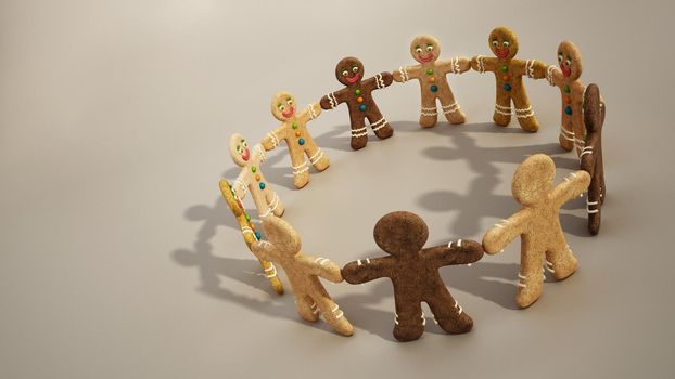 Gingerbread cookie men holding hands isolated on white. 3D illustration.