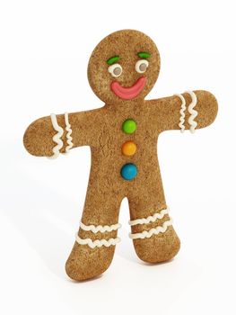 Gingerbread cookie man isolated on white. 3D illustration.