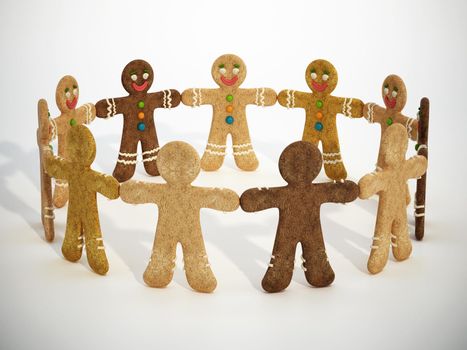 Gingerbread cookie men holding hands isolated on white. 3D illustration.