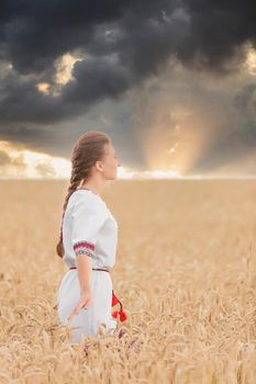 girl in an embroidered shirt on a wheat field and a sunset sky