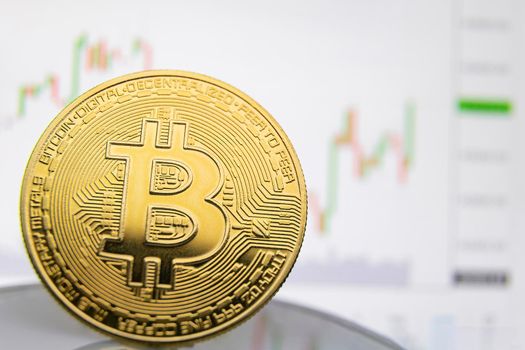 bitcoin coin on the background of the graph close-up
