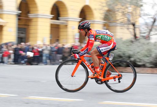 Imperia, IM, Liguria, Italy - March 19, 2016: An important cycling race in a small town in Italy in March. The name of the competition is Milano-Sanremo 2017