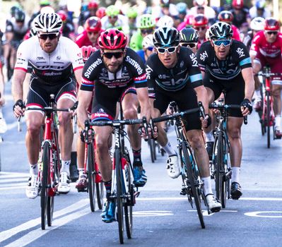 Imperia, IM, Liguria, Italy - March 20, 2016: An important cycling race in a small town in Italy in March. The name of the competition is Milano-Sanremo 2016