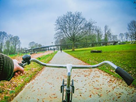 First person photos during a bike ride in the park of Amsterdam