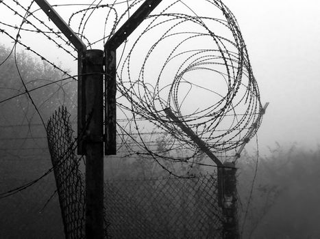 net with barbed wire and fog holes from a military base