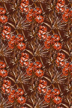 Seamless pattern. On a brown background, orange carnation flowers, large binding.