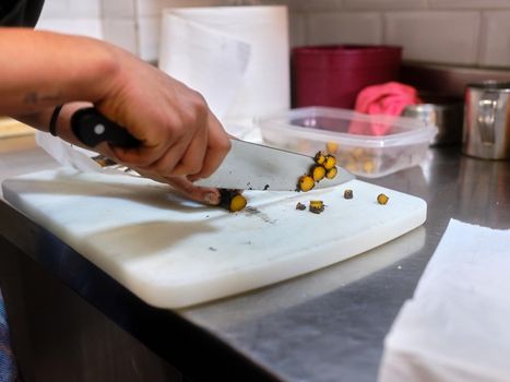 Close up view of the hands of a chef cutting ingredients with a knife in a restaurant kitchen