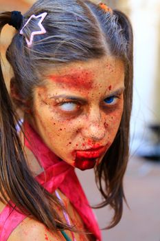 Ferrara, Italy, 16/09/2017: Funny cosplay dressed as Zombie of walking dead movie series, photographed during a carnival