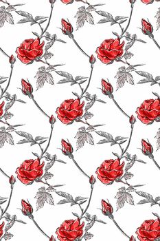 Seamless pattern. Red bush rose. Light pastel sketch.