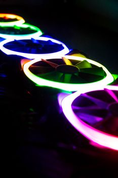 Computer fans with multicolored colored led light, blue, red, purple and green